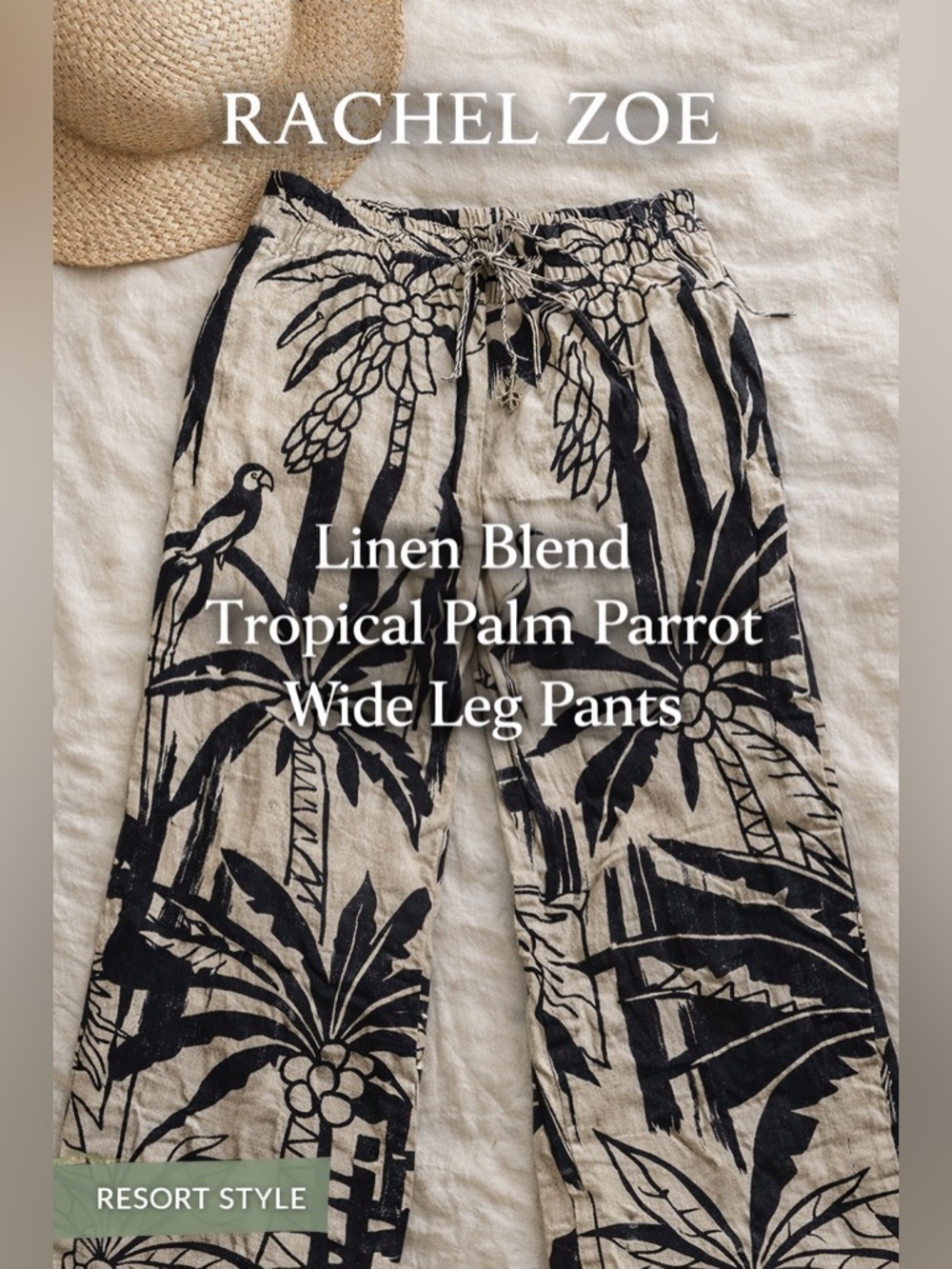 Rachel Zoe Linen Blend Tropical Palm Parrot Pants Boho Resort L